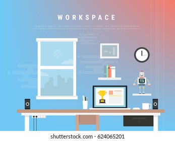 Workplace in flat style with elements Monitor