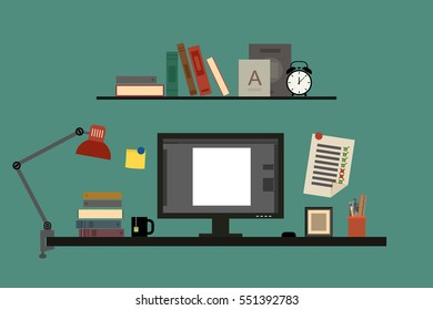 Workplace in flat style. Table with computer, books and lamp. Vector banner of office or homework workspace.