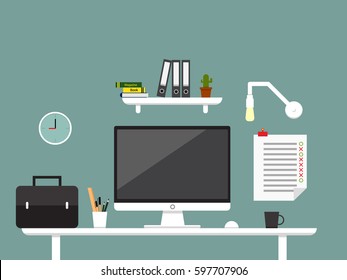Workplace in flat style. Table with computer, books and lamp. Vector banner of office or homework workspace.