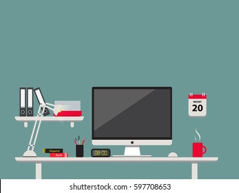 Workplace in flat style. Table with computer, file and lamp. Vector banner of office workspace.