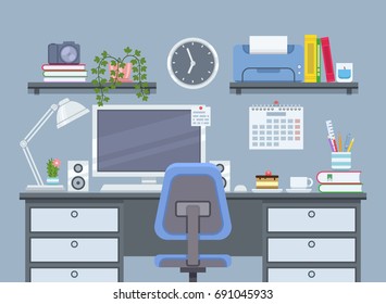 Workplace in flat style. Workspace for freelancer with computer and printer. Vector illustration