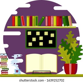 Workplace flat vector design. Workspace for book lovers and home work.