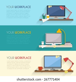 Workplace flat vector design. Workspace for freelancer, home work and office work.