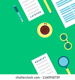 Workplace Flat Vector Illustration. Top View of Table with Receipts, Paper, Pen, Coffee Cup, Eyeglasses, Magnifying Glass, Tablet, Contract. Blog Website Header. Home Office, freelance Work Concept