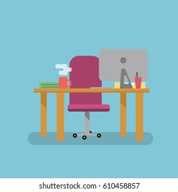 Workplace flat vector style. Chair, table and computer. Ready background for the animation. Place for character