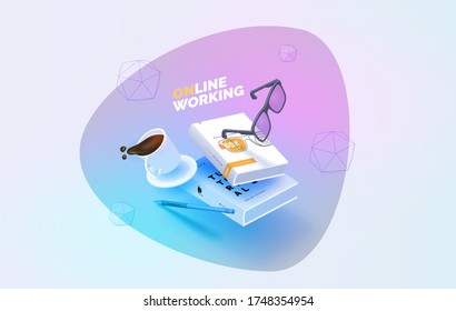 Workplace. Flying elements, books, pen, glasses, cup of coffee. Work online. Modern vector illustration isometric style.