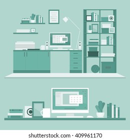 Workplace freelancer with desk, computer, shelves and equipment. Workspace. Home office. Work room modern interior. Flat design style, vector illustration.