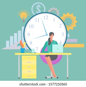 Workplace of freelancer vector, lady with laptop working on project. Character sitting by table, clock and gear symbol, dollar currency sign and light bulb