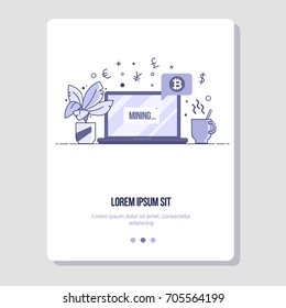 Workplace, freelancing and bitcoin mining. Flat line illustration for web and app.