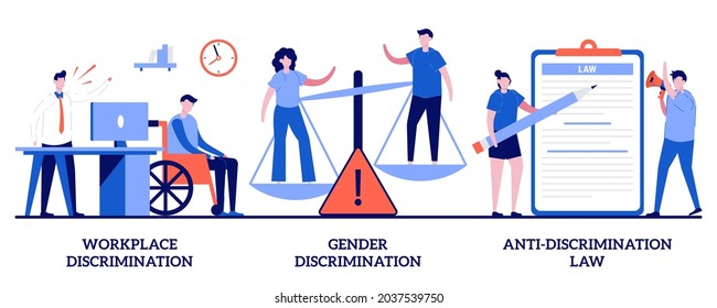 Workplace And Gender Discrimination, Anti-discrimination Law Concept With Tiny People. Equal Rights Abstract Vector Illustration Set. Roles, Stereotypes, Sexual Harassment, Social Equality Metaphor.