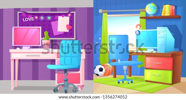 Workplace Girl Boy Room Set Interior Stock Vector Royalty Free