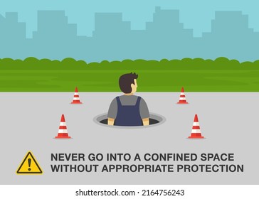 Workplace Golden Safety Rule. Never Go Into A Confined Space Without Appropriate Protection. Safety Guide For Work In Manholes. Flat Vector Illustration Template.