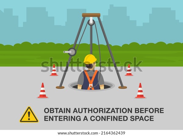 Workplace golden safety rule. Obtain\
authorization before entering a confined space. Safety guide for\
work in manholes. Flat vector illustration\
template.