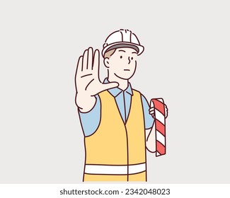 Workplace golden safety rule. Protect your head, always wear your hard hat. Use personal protective equipment. Worker makes a stop gesture with his hand. Hand drawn style vector design illustrations.