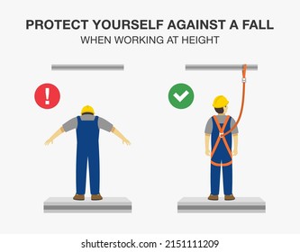 Workplace golden safety rule. Wear safety harness when working at heights. Protect yourself against a fall. Flat vector illustration template.