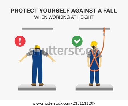 Workplace golden safety rule. Wear safety harness when working at heights. Protect yourself against a fall. Flat vector illustration template.