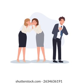 fofoca no local de trabalho conceito. fofoca ouvida no escritório drama de trabalho entre funcionárias do sexo feminino e colega de trabalho do sexo masculino chocado