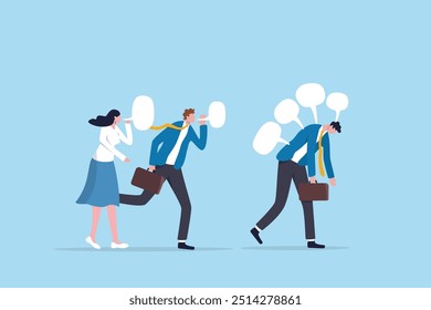 Workplace gossip, talking behind in the office, work bullying, chatter or rumor, rudeness voice or wrong information telling concept, business people gossip or talk behind colleagues in the office.