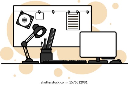 
Workplace graphic design, vector illustration in gray colors. Workplace, office, work, work symbols.
