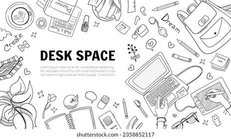 Workplace for graphic designer, artist, developer, business, management and IT. Top View of desk, Laptop, mobile phone, notebook and office supplies on the desktop. Vector doodle line illustration