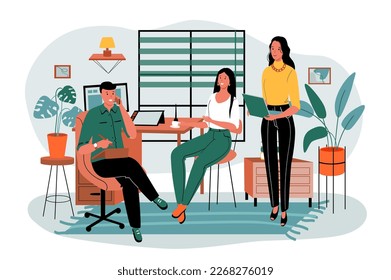 Workplace green orange concept with people scene in the flat cartoon style. Business team work together in the office. Vector illustration.