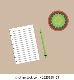 Workplace with green plant. Pen, Notepad, and cactus on table. Vector illustration of top view.