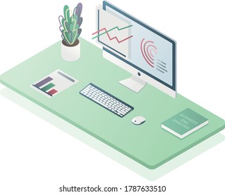 workplace in green shades in isometric