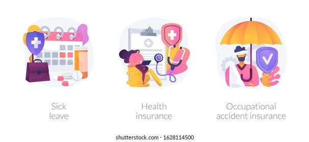 Workplace guarantees and perks. Financing employees diseases treatment. Sick leave, health insurance, occupational accident insurance metaphors. Vector isolated concept metaphor illustrations