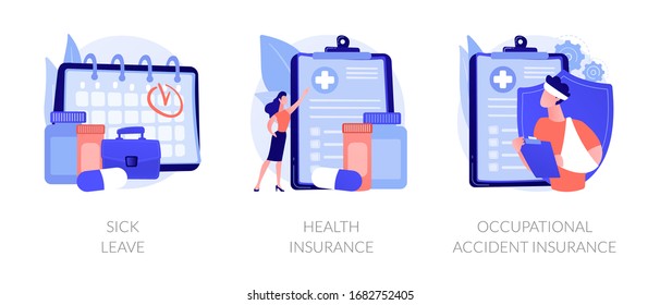 Workplace guarantees and perks. Financing employees diseases treatment. Sick leave, health insurance, occupational accident insurance metaphors. Vector isolated concept metaphor illustrations