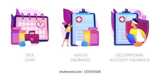 Workplace guarantees and perks. Financing employees diseases treatment. Sick leave, health insurance, occupational accident insurance metaphors. Vector isolated concept metaphor illustrations