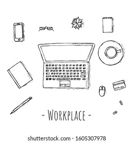 Workplace. Hand-drawn illustrations. Top view. Vector. Isolated objects on a white background.