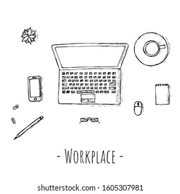 Workplace. Hand-drawn illustrations. Top view. Vector. Isolated objects on a white background.