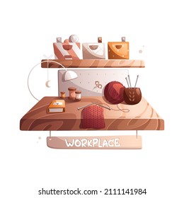 The workplace of a handmaker who is fond of knitting. Table, balls of wool lamp. Detailed vector illustration.