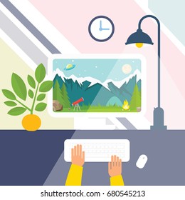 Workplace with hands and nature landscape on the computer monitor. Vector Flat design