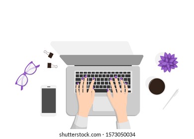 Lugar de trabajo. Manos en un portátil. Estilo plano. Ilustración vectorial.
