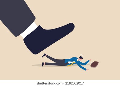 Workplace Harassment, Abuse Or Office Violence, Colleagues Bullying Or Discrimination, Bossy Manager Or Aggression Concept, Violence Boss Put His Giant Feet On Fearful Businessman Harassment Victim.