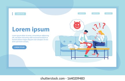 Workplace Harassment Landing Page Vector Template. Young Man Touching Female Colleagues Leg, Male Office Manager Harassing Woman Faceless Characters. Gender Inequality, Sexism Homepage Layout