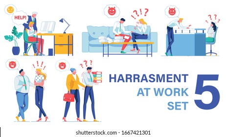 Workplace Harassment Types. Five Pieces Vector Set. Senior Boss Extorting Sex from Employee. Men Bulling Women Colleagues, Making Inappropriate Comments and Jokes. Chiefs Harassing Subordinates.
