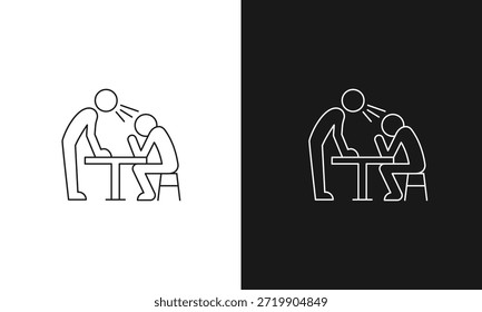 Ícone de assédio no local de trabalho e agressão verbal, vetor de arte de linha minimalista para gritar com o funcionário, gerenciamento tóxico, estresse mental e consciência ética profissional