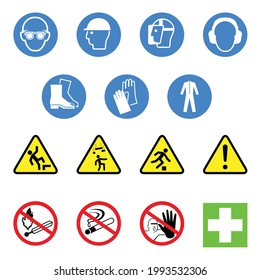 Señales de advertencia de peligro en el lugar de trabajo. Signo de seguridad en el lugar de trabajo, símbolos. Conjunto de vectores