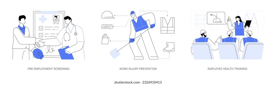 Workplace health abstract concept vector illustration set. Pre-employment screening, work injury prevention, employee health training, preventative occupational medicine abstract metaphor.