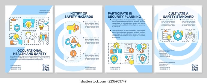 Workplace health and safety blue brochure template. Work conditions. Leaflet design with linear icons. Editable 4 vector layouts for presentation, annual reports. Arial, Myriad Pro-Regular fonts used