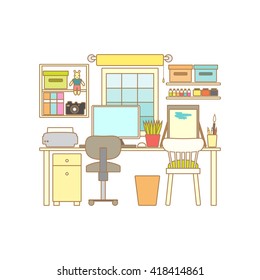 Workplace in home. Cabinet interior.  Workspace with desktop computer. Vector line illustration.