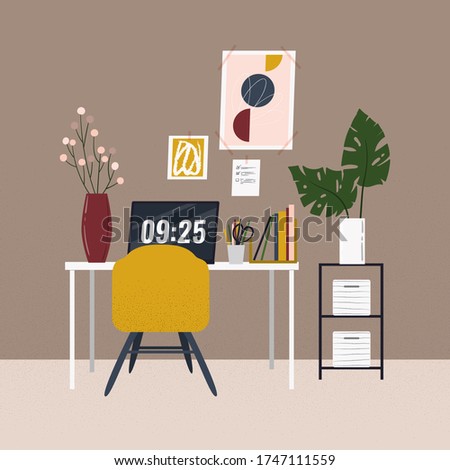 Workplace at home. Flat cartoon home office illustration for website, landing page, poster, banner, flyer, other advertisement. 
