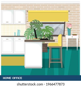 Workplace at home. Freelance workspace. Working with a laptop in the kitchen, behind the bar. Flat vector illustration.