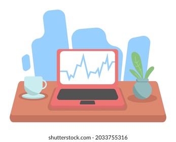 workplace at home. laptop, a cup of coffee, ornamental plants on the table. on a blue background. suitable for work themes, work at home, relax, business, graphics, etc. flat vector illustration