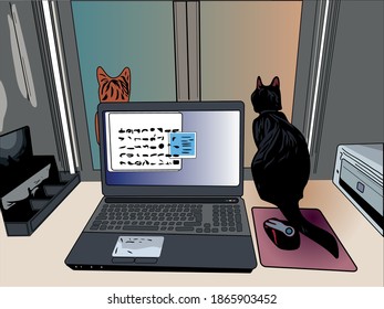 Workplace at home with laptop and printer