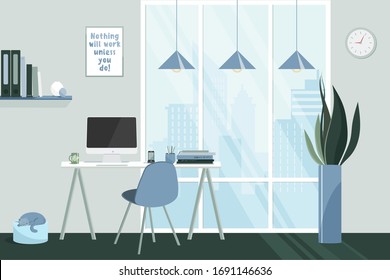 Workplace at home with a large window and a cat