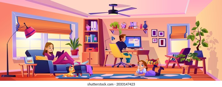 Workplace at home in living room, home interior and design of space for work. Family spending weekend in house. Mom reading on sofa, dad working on pc, kid draws. Flat style cartoon character, vector - Shutterstock ID 2033147423