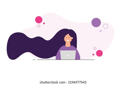 Workplace. Home Office Concept, Freelancer, Student, Lady, Young Woman. Vector Illustration. Modern Laptop Macbook Style. The Girl Works At A Laptop. Flat Style. Good For Image Work, Office, Ads.